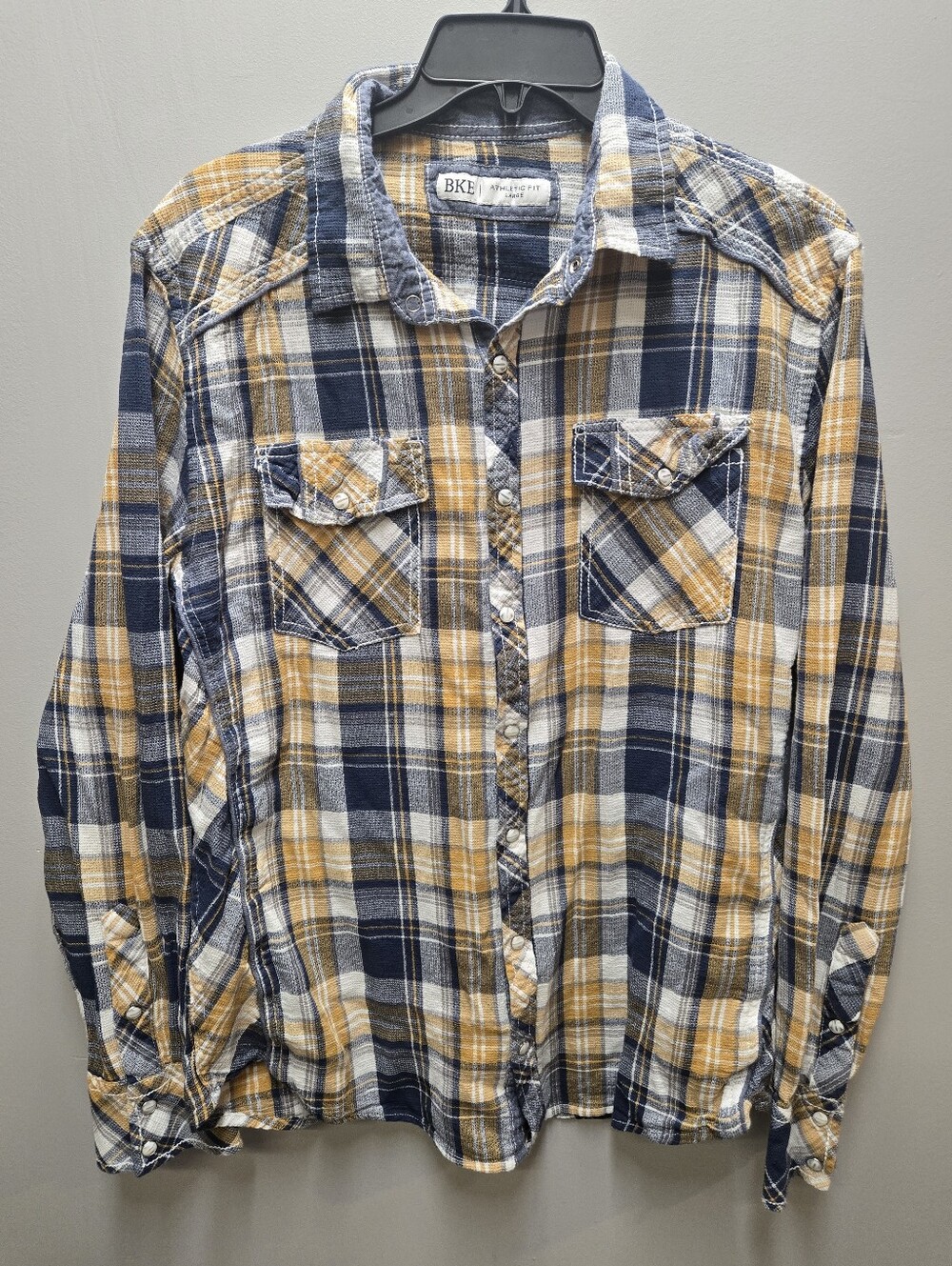 BKE Plaid Shirt Mens L Yellow Blue Pearl Snap Long Sleeve Athletic Fit Western